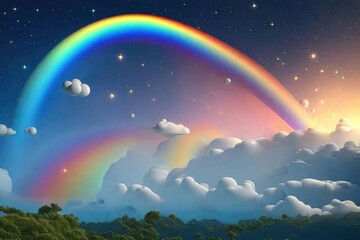 Obraz na płótnie Canvas 3d rendered cartoon rainbow, clouds, and stars sky at night. 