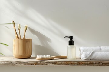 Wooden bench with bamboo toothbrushes in holder cup, dispenser bottle with liquid soap, clean and...