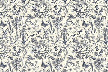 Toile floral pattern tapestry. Vintage botanical wallpaper pattern. Background image. Created with Generative AI technology