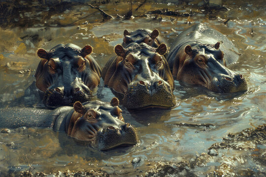 A pod of hippos basks in the cool waters of a muddy river. - Powered by Adobe