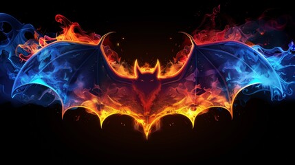 A bat with fire and flames on a black background. A magical creature made of fire.