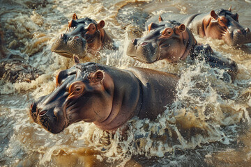 A pod of hippos basks in the cool waters of a muddy river.