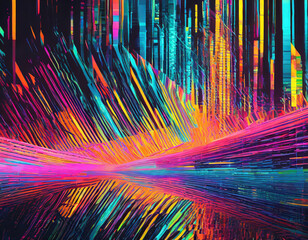 Digital glitch pattern, with distorted lines and a vibrant palette of neon colors against a dark background, capturing the aesthetic of digital art and cyberpunk