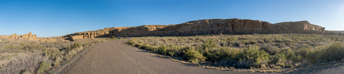 Chaco Culture National Historical Park in New Mexico. Chaco Canyon was a major Ancestral Puebloan culture center with many pueblos. Northern canyon wall, Pueblo del Arroyo, Pueblo Bonito, Chetro Ketl.