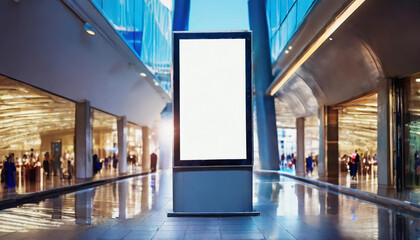 Display, blank clean screen or signboard mockup for offers or advertisement in public area