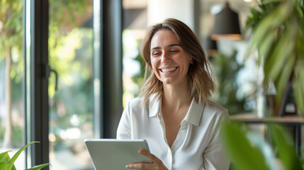 An attractive woman enjoys using a tablet in a well-lit, cozy café setting