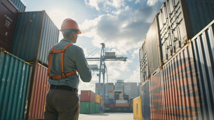 A dock worker in safety gear surveys the container yard with cranes in operation at a commercial port
