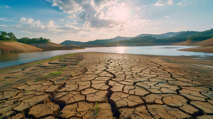 
Climate change and drought land, Global warming concept, drought cracked river banks landscape, dry reservoir.
