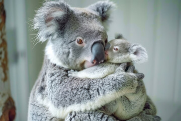 Naklejka premium A mother koala cuddles her joey close.
