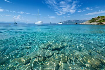 Crystal-clear water of a calm bay with sailboats in the distance