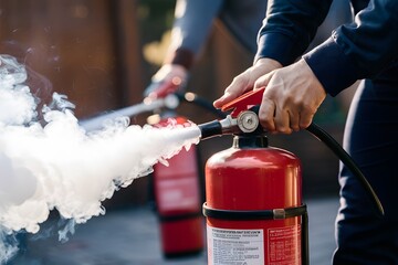 Person in dark clothes uses red fire extinguisher, releasing white smoke, with visible label