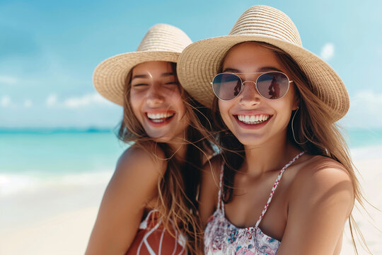 Two beautiful young women smiling on a tropical beach in the summertime. Ai