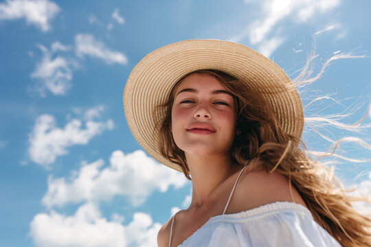 Beautiful young women smiling in the summertime with a hat. Ai