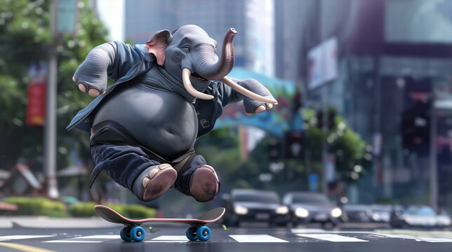 A cartoon elephant is riding a skateboard. The elephant is smiling and he is having fun. a elefant on skate