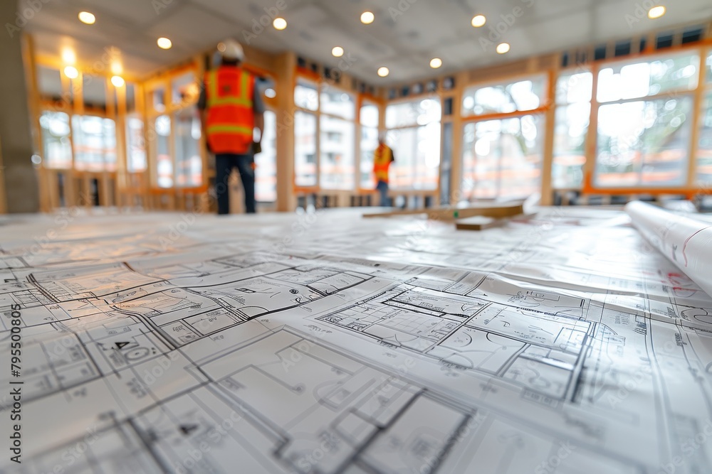 Poster a focused look at architectural blueprints spread on a table at a construction site with workers in 
