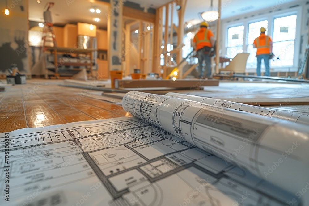 Poster an image emphasizing the planning phase with blueprints and a measuring tape on a construction site