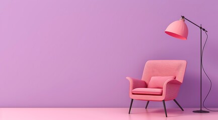 A pink chair and floor lamp on the right side of an empty purple background creating a minimal concept for product presentation with space for copy
