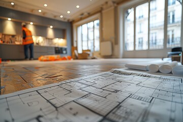 Architectural blueprints spread on the floor with warm natural lighting, and a construction worker in the background of a room