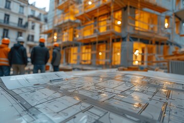 An image focusing on detailed architectural blueprints with blurred construction workers in the background, signifying planning and teamwork