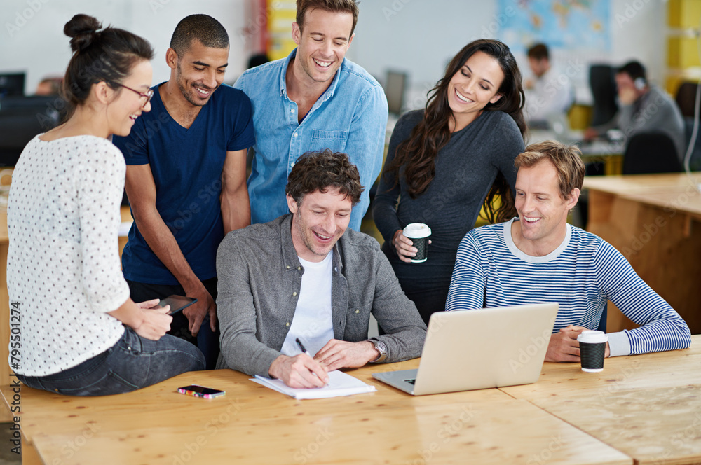 Poster notepad, people and happy at office for teamwork and collaboration as graphic designers. laptop, emp