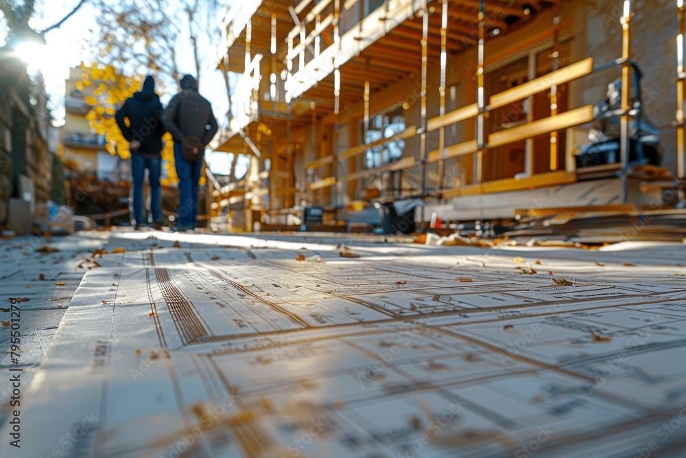 Poster a ground-level view of a construction site with a focused close-up on the blueprint, while workers a