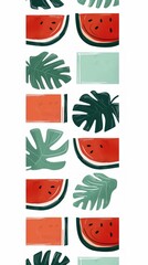 Tropical Summer Vibe with Watermelon Slices and Monstera Leaves Pattern.