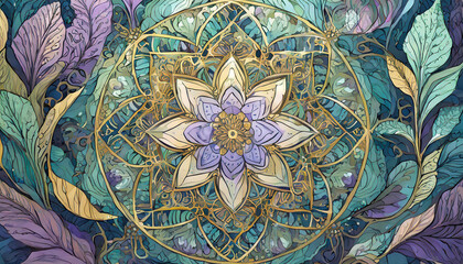 Mandala with natural floral elements, essence of the earths beauty and spiritual journey, transition smoothly from greens and blues to divine purples and golds