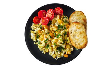 tasty scrambled eggs with zucchini on a white background