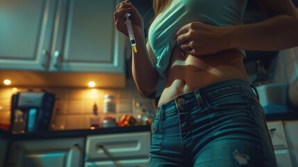 Young Woman Self-Administering Insulin Injection in Kitchen