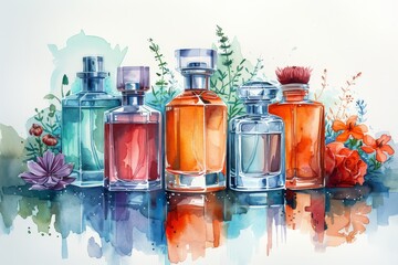 Serene watercolor painting showcasing an array of colorful perfume bottles with natural elements reflecting purity
