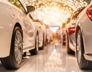 New cars display in luxury showroom with light bokeh in motor show event. business concept;...