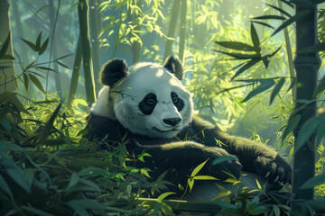 A giant panda lounges lazily in a bamboo forest.