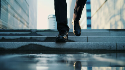 The dynamic image captures a businessman's feet climbing steps, reflecting ambition and upward mobility in an urban setting