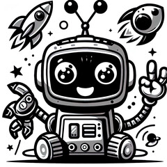 Ein schwarz weiß Vektor Bild eines kleinen süßen Roboters