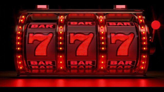 Slot machine with sevens on the scoreboard. Concept: gambling and addiction. Neutral background and copy space
