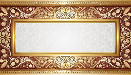 Rectangle subtle gold frame for web presentation, horizontal border in oriental style, with white background