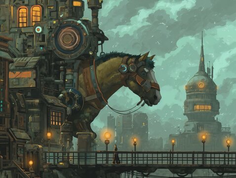A horse is walking on a bridge in front of a building. The building is old and has a lot of machinery on it. The sky is cloudy and the street lights are on. Scene is mysterious and eerie