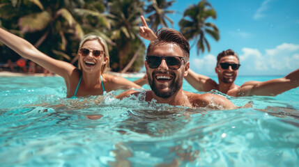 Happy friends with sunglasses swim and take a selfie in clear blue ocean, with arms outstretched