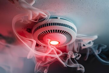 Smoke detector with glowing red light in white smoke, indicating alarm or malfunction