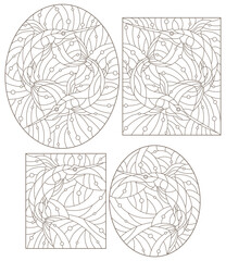 Set of contour illustrations of stained glass Windows with fish, fish sailboat and fish sword, dark contours on white background