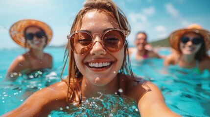 Excited girl with friends taking a group selfie in ocean waters under a clear blue sky