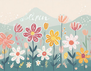 Spring season card of hand drawn cute flowers