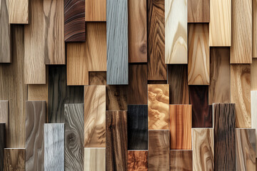 Wood collage samples overlay dimensional arranged on an elegant minimalist background. - obrazy, fototapety, plakaty