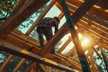 Man working on frame on a roof. Timber frame construction. Generative AI