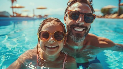 A father and daughter enjoy a sunny day in the pool, both wearing sunglasses and smiling