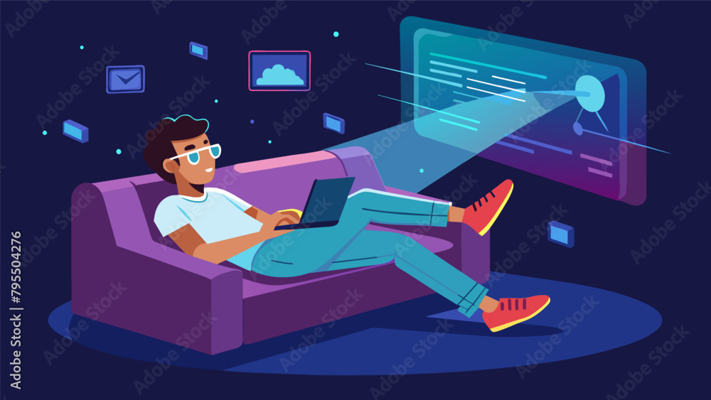 Poster a teenager lounges on a couch a holographic projection of a computer screen floating in front of the