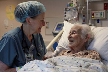 Nurse at hospital helps old senior patient. Generative AI