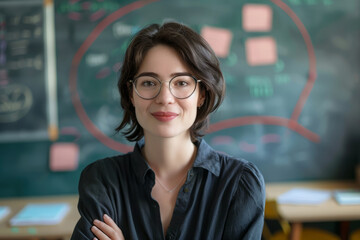 Pretty teacher smiling at camera with classroom on the background. Generative AI