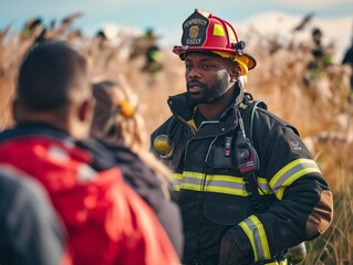 A firefighter is standing in a field with a group of people. He is wearing a red jacket and a yellow hat