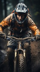 Mountain biking on a forest trail, biker navigating a muddy path, adventurous and rugged, sports action photography, avoid modern cycling gear brands